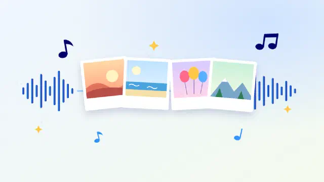 Illustration of four photo prints lined up along a music sound wave