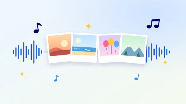 Illustration of four photo prints lined up along a music sound wave
