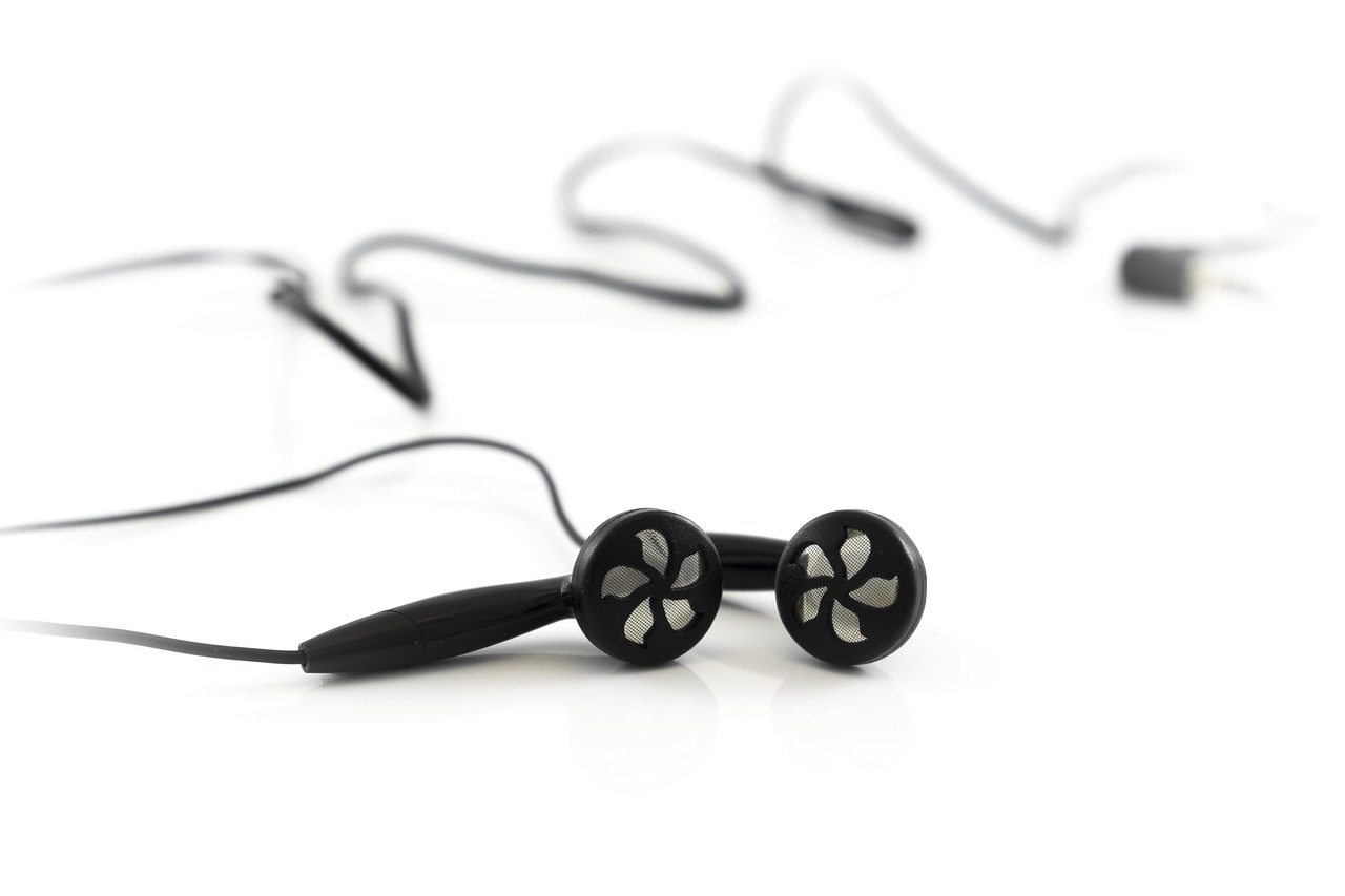 A pair of black wired earbuds on a white background