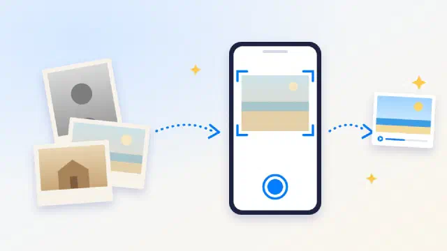Illustration of old printed photos being scanned with a phone and turned into a bright digital photo