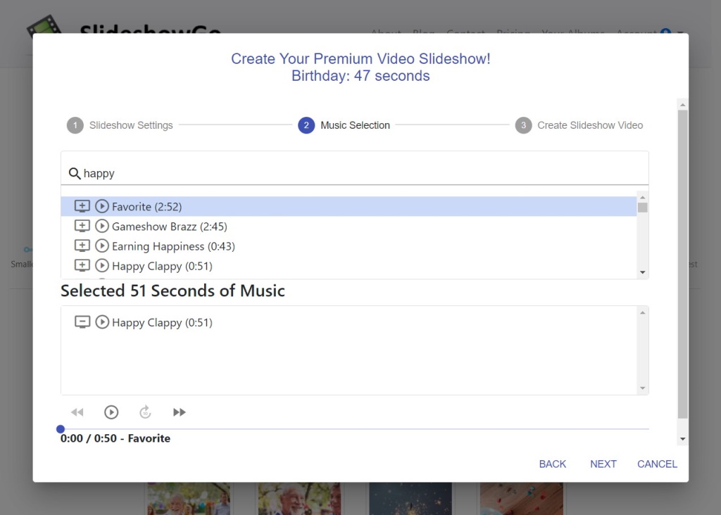 Image slideshow dialog box for selecting music